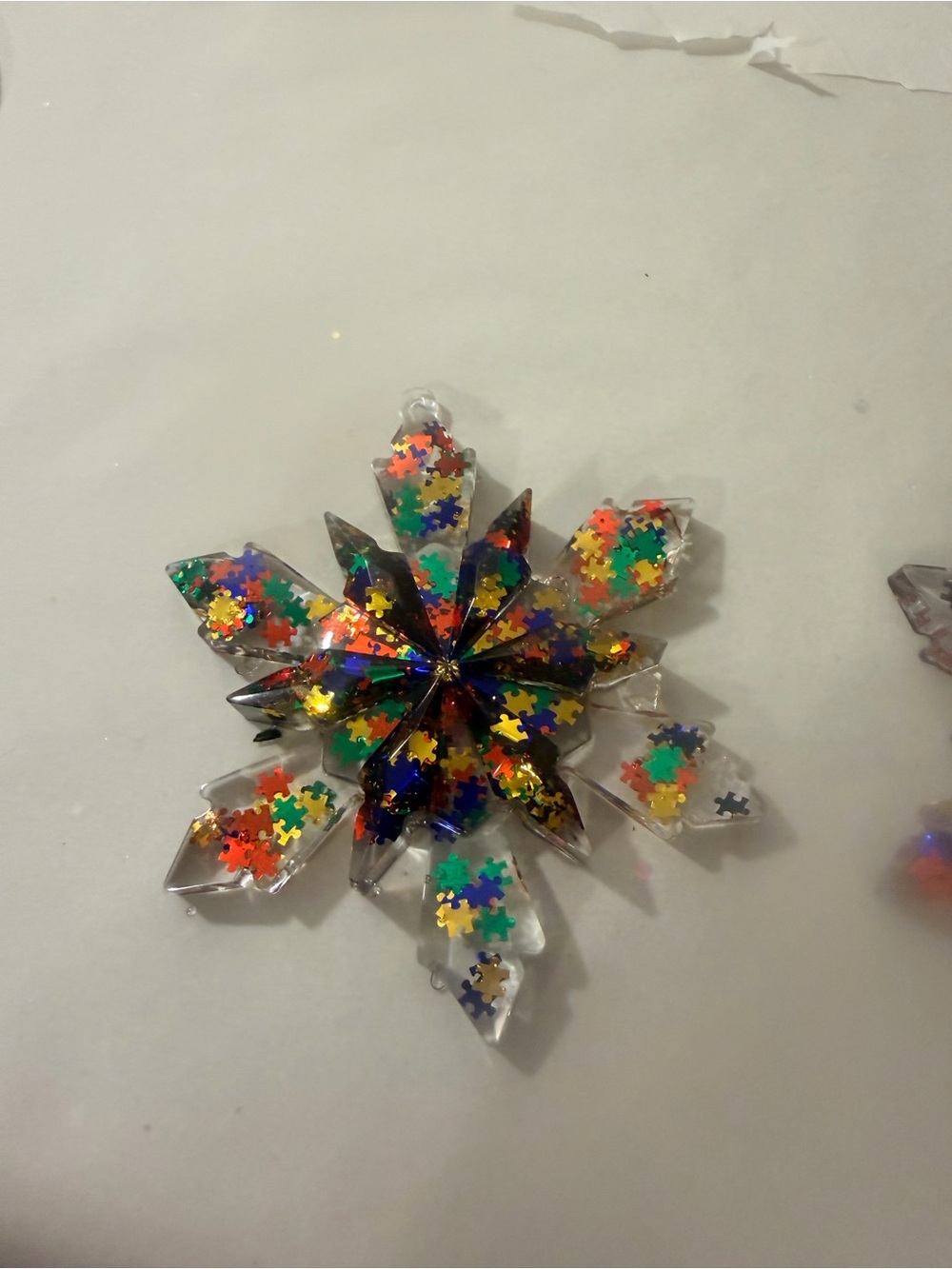 Acrylic Snowflake Ornament with Multicolor Puzzle Confetti for Autism